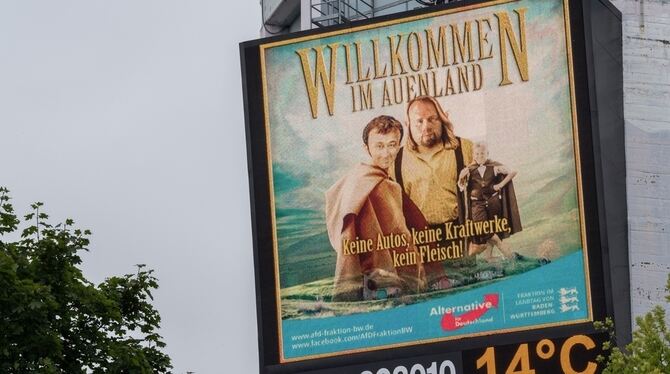 Grünen-Spitzenpolitiker als Hobbits aus »Herr der Ringe« auf einem AfD-Plakat.