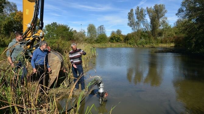 Gestern wurde bereits begonnen, das Wasser in einem der Markwasen-Teich abzupumpen. Von rechts: Günter Neuhäuser (Stadt), Ira Wa
