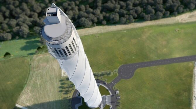 Der Turm aus der Vogelperspektive. Dank der spiralförmig angebrachten Außenhaut gleicht der Turm einem Bohr-Aufsatz. Foto: Thyss Der Turm aus der Vogelperspektive. Dank der spiralförmig angebrachten Außenhaut gleicht der Turm einem Bohr-Aufsatz. Foto: Thyss