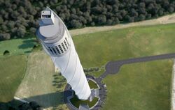 Der Turm aus der Vogelperspektive. Dank der spiralförmig angebrachten Außenhaut gleicht der Turm einem Bohr-Aufsatz. Foto: Thyss