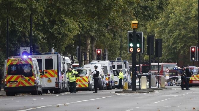 Polizisten und Rettungskräfte stehen in der Nähe der Cromwell Gardens in London am Unfallort.