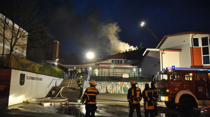 Großeinsatz am Mittwochabend in der Ortsmitte von Dettenhausen. In der Schönbuchhalle war ein Feuer ausgebrochen. GEA-FOTO: MEYE