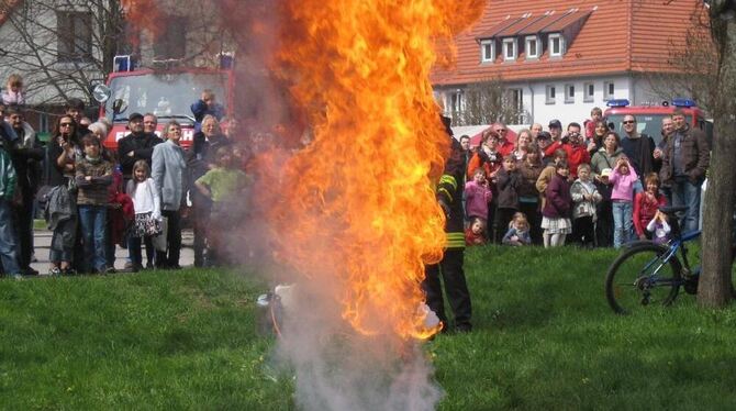 Auch aus gebührender Entfernung noch beeindruckend: Fettexplosion beim Tag der offenen Tür der Feuerwehr Öschingen. FOTO: WULLE