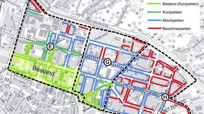 Bis Ende des Jahres soll die Oststadt zwecks Parkraumbewirtschaftung in drei Zonen (E, G, H) unterteilt werden. In jeder dieser