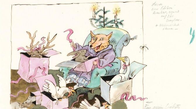 An Weihnachten gibt es für Papa Wolf leckere Geschenke ... Tomi Ungerers schwarzhumorige Zeichnung entstand ums Jahr 2000  (Tusc