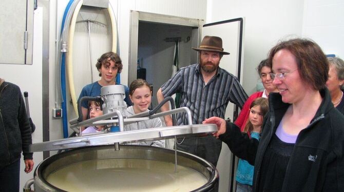 Alles Käse: Elisabeth Engst (links) und ihr Mann Anton (rechts) gewähren Einblick in ihre Produktion. GEA-FOTO: SCHÖBEL