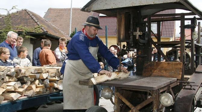 Bestaunenswert, das Holzsägen mit Maschinenkraft, die vor dem Zweiten Weltkrieg den Fortschritt bedeutete. FOTO: LEIPPERT Bestaunenswert, das Holzsägen mit Maschinenkraft, die vor dem Zweiten Weltkrieg den Fortschritt bedeutete. FOTO: LEIPPERT