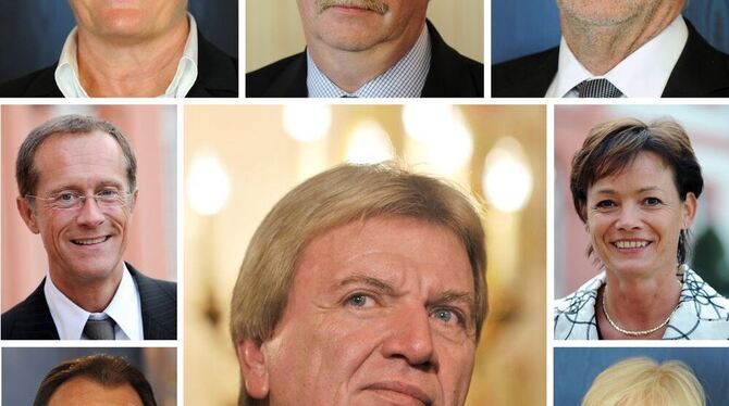 Der neue hessische Ministerpräsident Volker Bouffier (M) mit seinem Kabinett (oben links beginnend im Uhrzeigersinn: Dorothea He