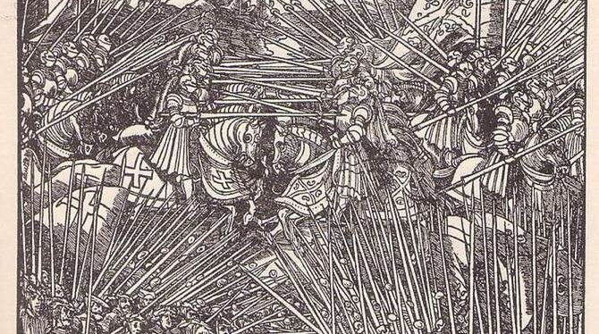 Reiter und Fußknechte im Kampf. Holzschnitt von Hans Burgmair (1472-1559).	FOTO: WIKI