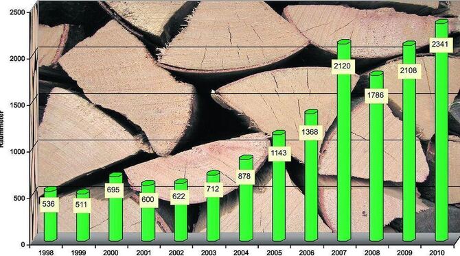 St. Johanns Brennholznachfrage aufgelistet von Enzian Schneider von 1998 bis 2010.  GRAFIK: SCHNEIDER
