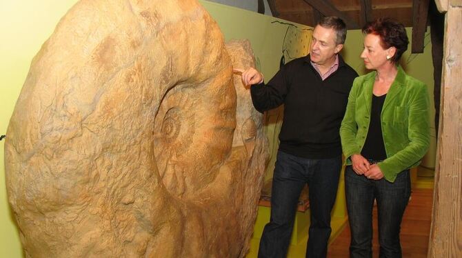 Der größte Ammonit der Welt hat zwei Meter Durchmesser, erläutern Günter Wahlefeld und Barbara Karwatzki. Das Original hätte mit