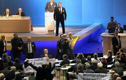 Atomkraftgegner protestieren während der Hauptversammlung der RWE AG in Essen.