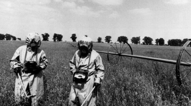 Spezialeinheiten messen auf einem Feld innerhalb der Sicherheitszone von Tschernobyl die Radioaktivität (Archivbild vom Mai 1