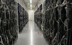 Ein Rechenzentrum mit Kabelverbindungen von Servern, aufgenommen bei einem Internet-Dienstleister in Berlin. (Archivfoto)