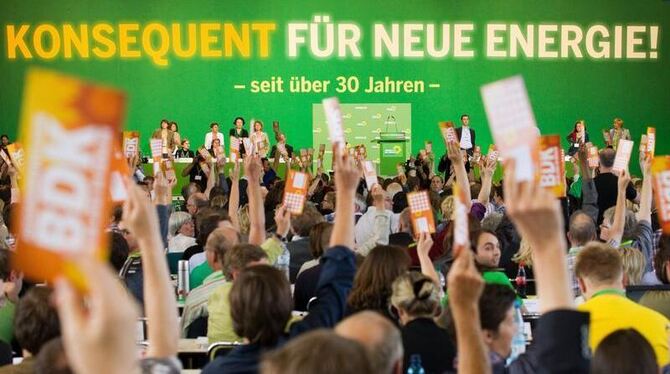 Delegierte halten auf dem Sonderparteitag der Grünen in Berlin ihre Stimmkarten hoch.