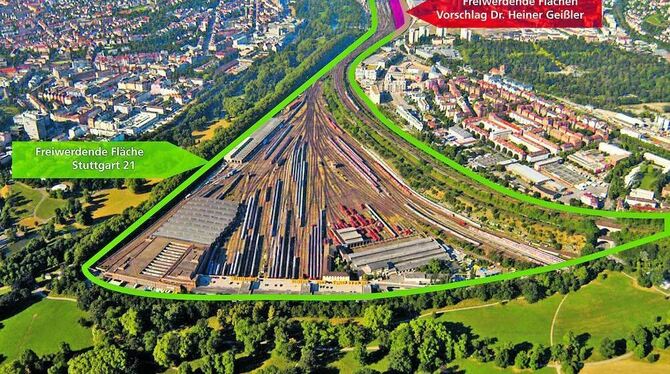 Ein Luftbild der Stadt Stuttgart zeigt die freiwerdenden Flächen der unterschiedlichen Vorschläge.