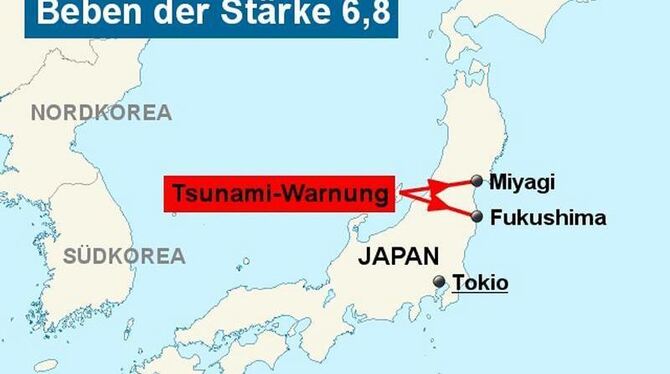 Für die Küstengebiete der japanischen Präfekturen Fukushima und Miyagi wurde nach einem Beben eine Tsunami-Warnung ausgegeben