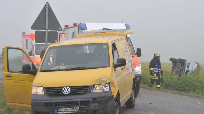 Der Opel überschlug sich auf der Wiese, der Fahrer wurde in seinem Fahrzeug eingeklemmt.
