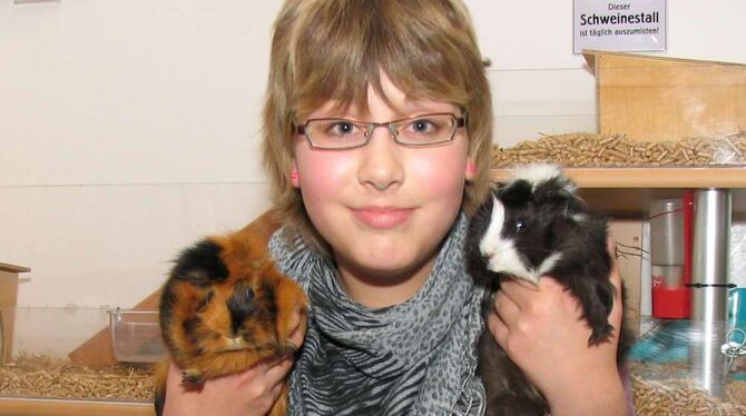 Glücklich vereint: Karolin Klingler mit ihren Meerschweinchen Lilly (schwarzbraun) und Oskar (schwarz-weiß).