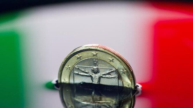 Eine italienische Ein-Euro-Münze versinkt im Wasser - und das steht den Italienern bis zum Hals. Foto: Patrick Pleul