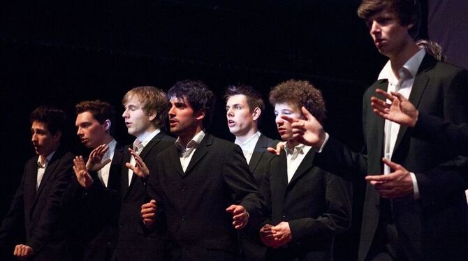 Die Männerstimmen der »Capella vocalis« übernehmen in Enrico Urbaneks »Abendmahl«-Inszenierung die Rolle der Jünger.	FOTO: PR