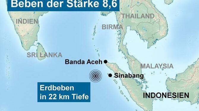 Vor der Küste Sumatras hat sich ein Erdbeben der Stärke 8,6 ereignet. Karte: Stepmap.de
