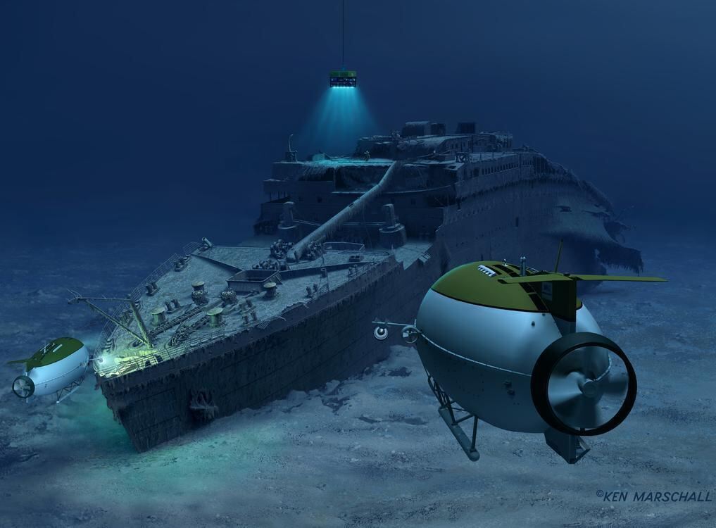 Illustration von Ken Marschall: Das Wrack der Titanic mit den beiden Mini-U-Booten Mir 1 und Mir 2 bei einer Tauchexpedition. CO