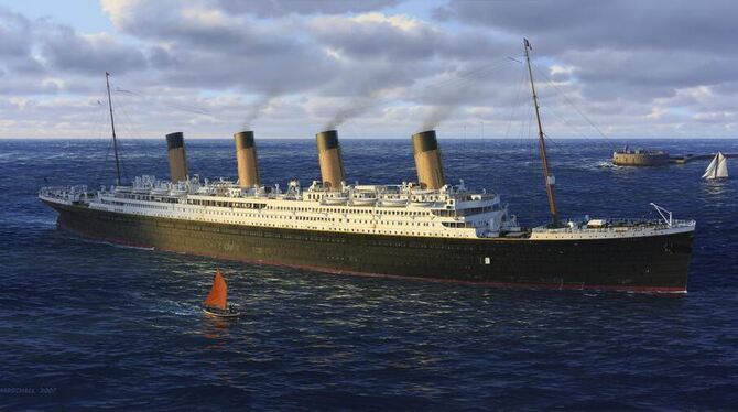 Illustration von Ken Marschall: Die Titanic auf ihrer Jungfernreise nach New York beim Einlaufen in den Hafen von Cherbourg, Fra
