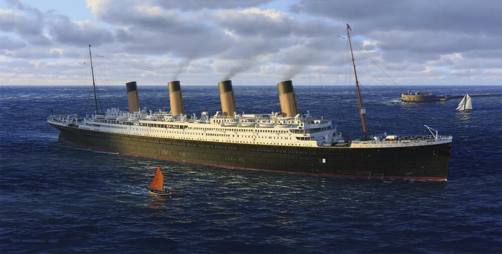 Illustration von Ken Marschall: Die Titanic auf ihrer Jungfernreise nach New York beim Einlaufen in den Hafen von Cherbourg, Fra