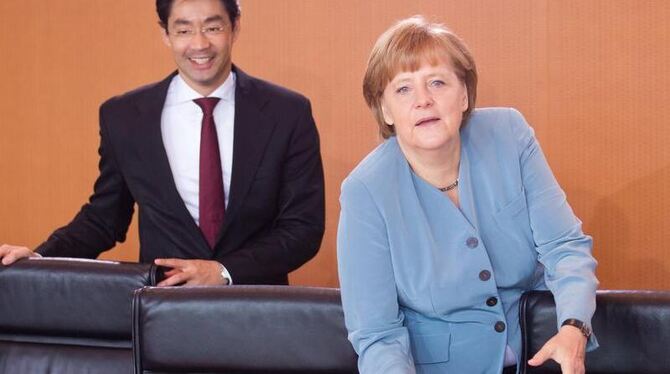 Wirtschaftsminister Philipp Rösler und Kanzlerin Angela Merkel beim Energie-Gipfel. Foto: Michael Kappeler