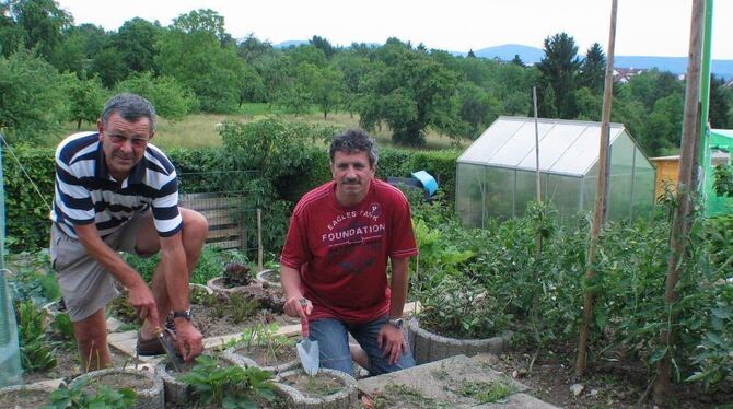 Erich Talmon-Gros (links) und Armin Beck im Mustergarten, der am Sonntag der Öffentlichkeit präsentiert wird. GEA-FOTO: DÖRR