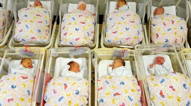 Babys liegen zusammen auf der Neugeborenenstation im Krankenhaus St. Elisabeth und St. Barbara in Halle in ihren Bettchen. Fo