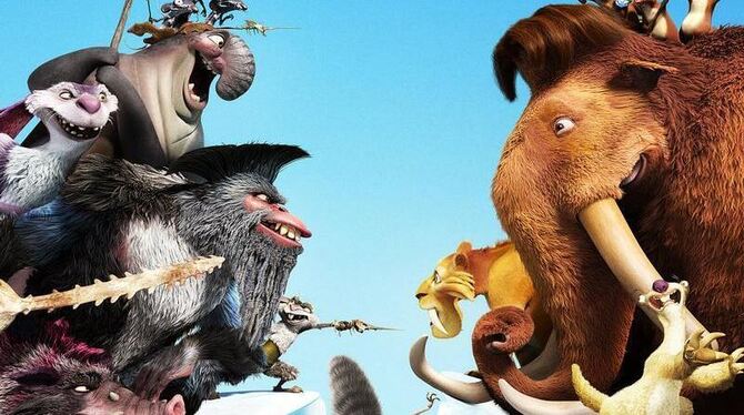 Mammut Manni, Faultier Sid und Säbelzahntiger Diego (alle r.) stehen einer Piratencrew gegenüber. Foto: 20th Century Fox Mammut Manni, Faultier Sid und Säbelzahntiger Diego (alle r.) stehen einer Piratencrew gegenüber. Foto: 20th Century Fox