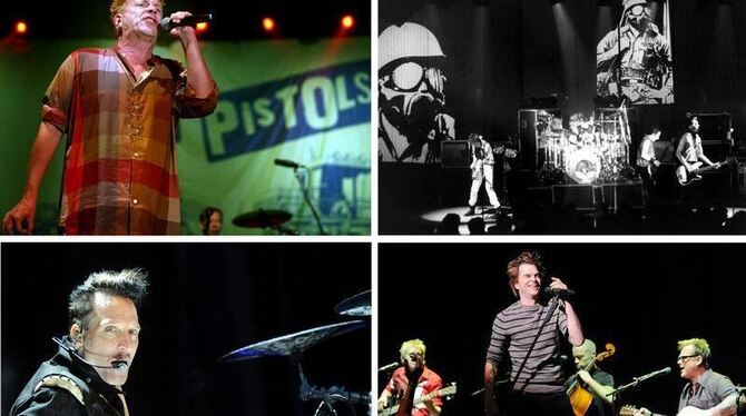 Die Sex Pistols (oben links), The Clash (oben rechts), Die Toten Hosen (unten rechts) und die Ärzte (unten links) mischen die Die Sex Pistols (oben links), The Clash (oben rechts), Die Toten Hosen (unten rechts) und die Ärzte (unten links) mischen die