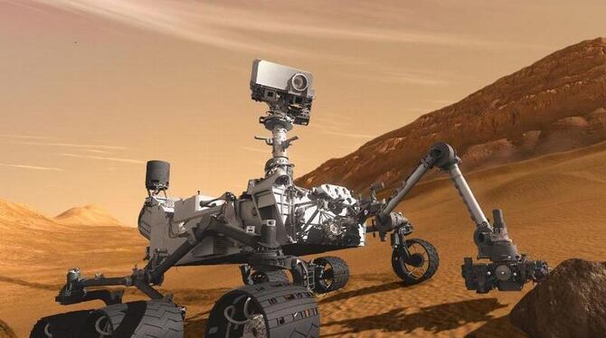Eine künstlerische Darstellung zeigt die Landung des Marsrover »Curiosity« auf dem Mars. Foto: NASA/JPL-Caltech