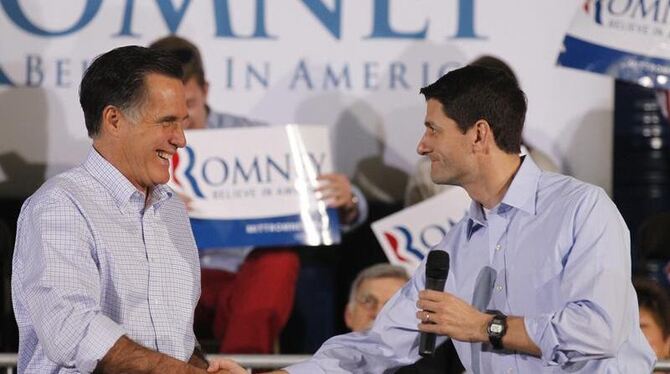 Mitt Romney und Paul Ryan auf einer Wahlkampfveranstaltung. Foto: Jeffrey Phelps/ Archiv