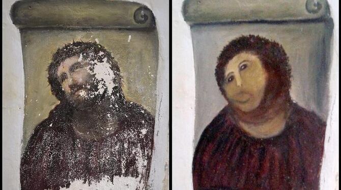 Elias Garcia Martinez' Fresco aus dem 19. jahrhunter - vor und nach der Restaurierung. Foto: Centro de estudios Borjanos Elias Garcia Martinez' Fresco aus dem 19. jahrhunter - vor und nach der Restaurierung. Foto: Centro de estudios Borjanos