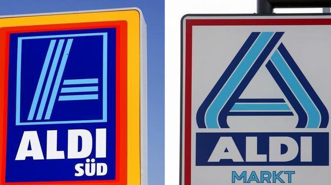 Schilder von Aldi Süd (l) und Aldi Nord: Aldi-Gründer Karl Albrecht sowie Bertold und Theo Albrecht jr. sind die reichsten De