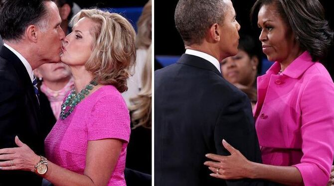 Pink-Patzer: Mitt Rommney mit seiner Frau Ann (links) und US-Präsident Barack Obama mit seiner Frau Michelle während der zwei