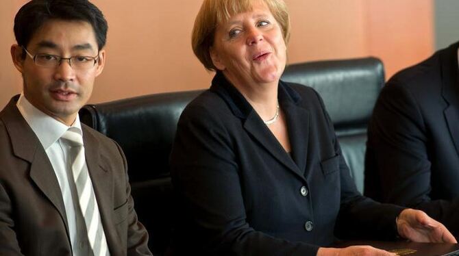 Kanzlerin Merkel und Wirtschaftsminister Rösler in einer Kabinettsitzung. Foto: Tim Brakemeier
