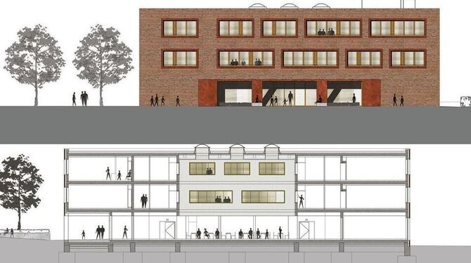 Pläne der Fassade zum Schulhof und eine Innenansicht: Die neue Außenstelle des Firstwald-Gymnasiums in Kusterdingen. Ein moderner, kompakter und funktionaler Bau, mit einem optimalen Verhältnis zwischen Außenfläche und Volumen. GRAFIK: KLUMPP-ARCHITEKTEN