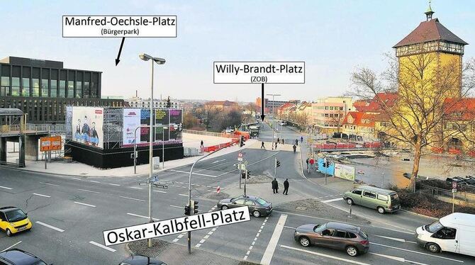 Am Montag wird der Manfred-Oechsle-Platz getauft. Wie's mit dem Reststeg und der provisorischen Rampe vor der Stadthalle weiterg