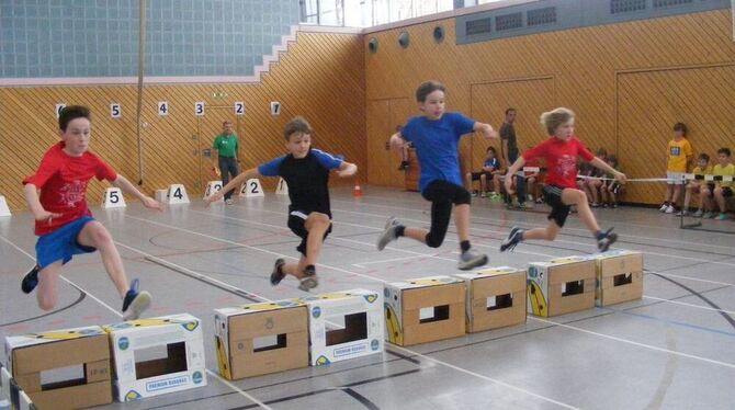 Hürdenlauf über Bananenkisten – einer der spannenden Wettkämpfe beim großen Leichtahtletik-Hallensportfest in Pliezhausen.  FOTO