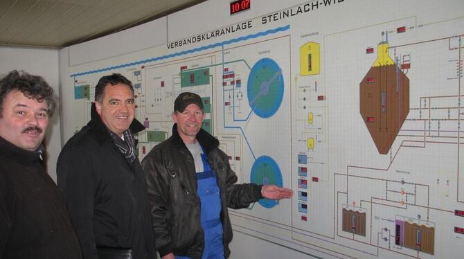 In der Schaltzentrale (von links): Jürgen Renz, Bürgermeister Thomas Hölsch und Betriebsleiter Uwe Weissmann GEA-FOTO: -JK In der Schaltzentrale (von links): Jürgen Renz, Bürgermeister Thomas Hölsch und Betriebsleiter Uwe Weissmann GEA-FOTO: -JK