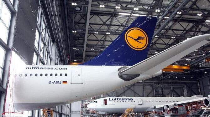 Das Heck des beschädigten Airbus A330 in einer Halle der Lufthansa Technik AG in Hamburg. Foto: Bodo Marks
