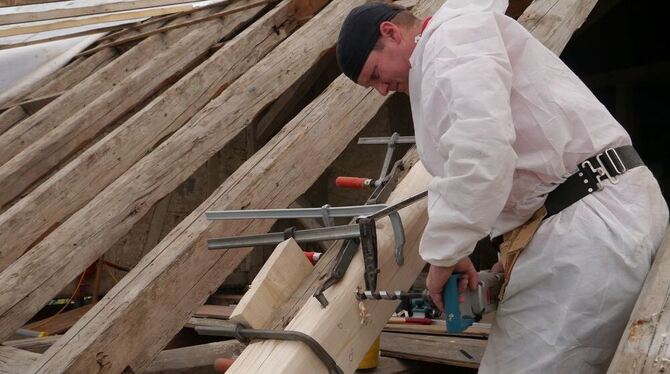 Stück für Stück ersetzt Handwerker Oliver Hornung die maroden Dachsparren. FOTO: ALEXANDER SCHMID