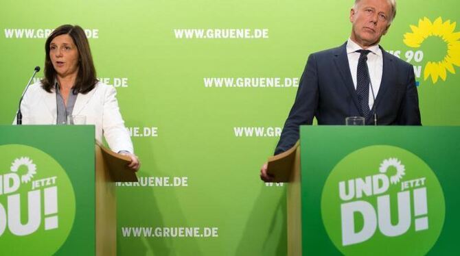 »Und jetzt Du!«: Die Spitzenkandidaten Katrin Göring-Eckardt und Jürgen Trittin. Foto: Soeren Stache
