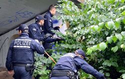 Polizisten durchsuchen Anfang Oktober in Mannheim das Gebiet rund um einen Tatort unter der Kurt-Schumacher-Brücke, an dem eine 