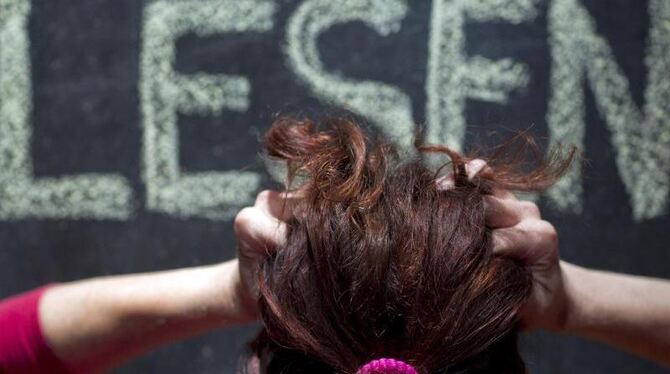 Eine Frau rauft sich vor einer Schultafel mit der Aufschrift »Lesen« die Haare. Foto: Jens Büttner
