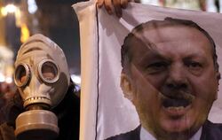 Ein Demonstrant mit Gasmaske und einem Bild von Regierungschef Erdogan. Foto: Sedat Suna